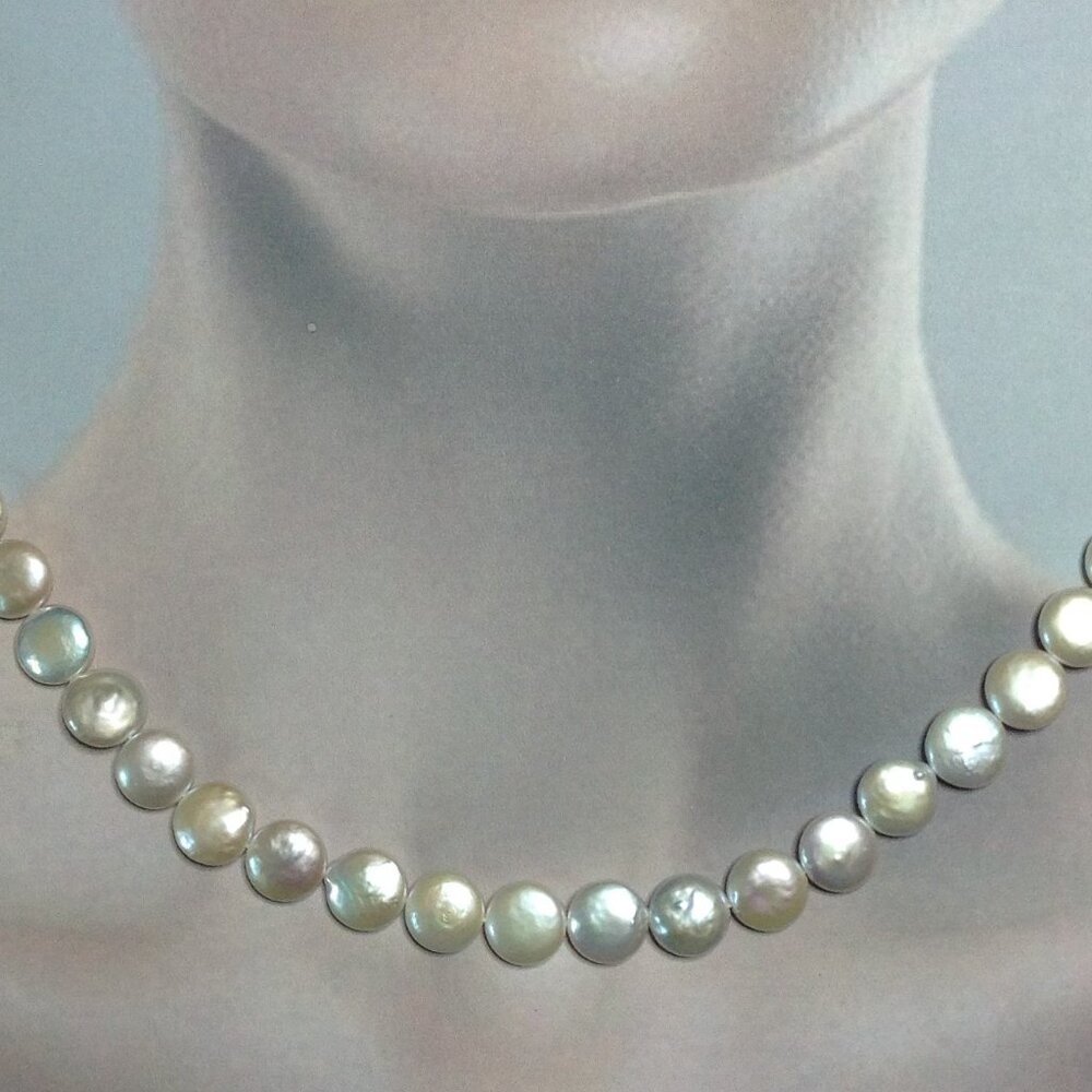 Silver White Freshwater Coin Pearl Necklace - Picture 6 of 6